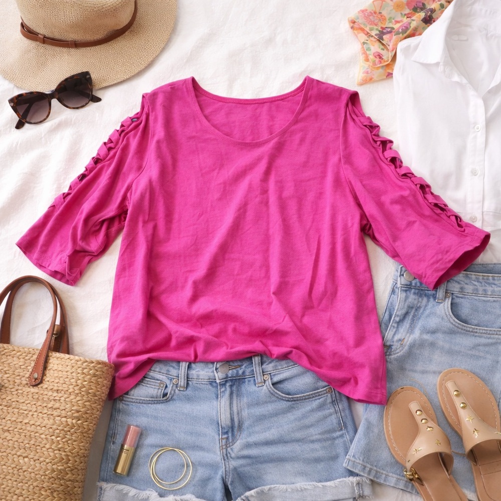 Roaman’s Pink Lattice Sleeve Top 2X 26/28 Cotton Cold Shoulder